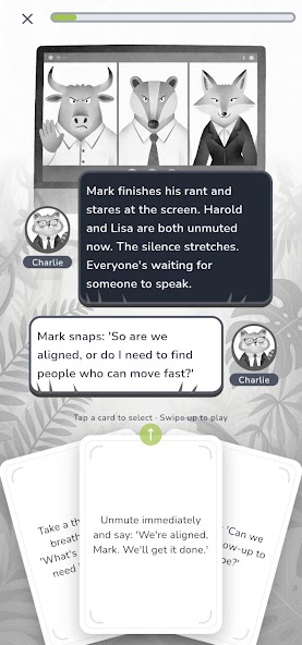 A SNAXE workplace scenario asking the learner to choose a response in a tense meeting